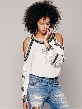 Free People White Beaded Cold-Shoulder Embroidered Tunic